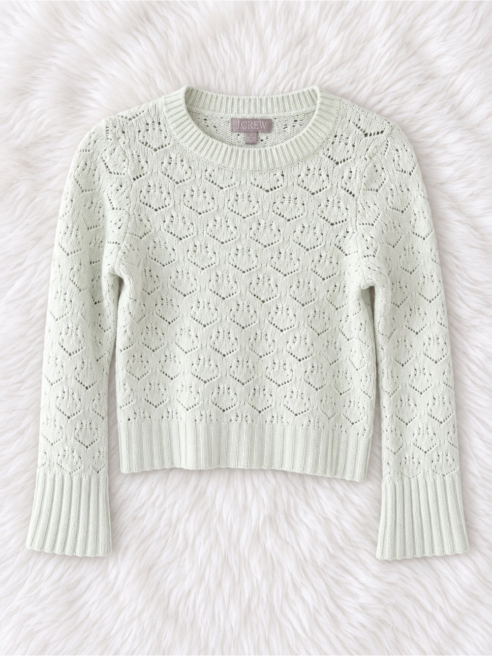 J. Crew Pale Mint Eyelet Crewneck Sweater| 100% Merino Wool